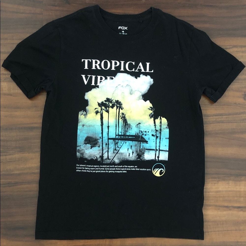 Fox Black Graphic Tee with Blue and Yellow Tropical Print